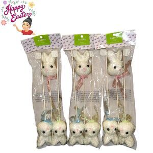3x Easter Foam Glitter Decorated Easter Bunnies Picks. 3 Ct Each 10.5 Inches